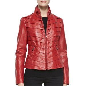 Neiman Marcus Exclusive Women's Red Leather Pleated Motorcycle Jacket Size Large